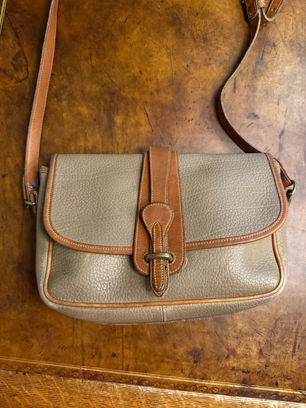 Vintage Dooney & Bourke All-Weather Leather Taupe Equestrian Crossbody Bag